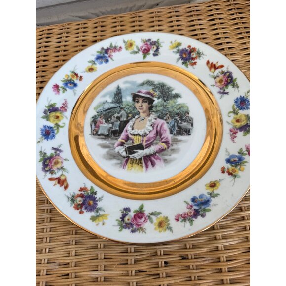 Vintage 50's Portrait Plate Victorian Woman Floral Gold Trim 10.5" - Picture 10 of 12